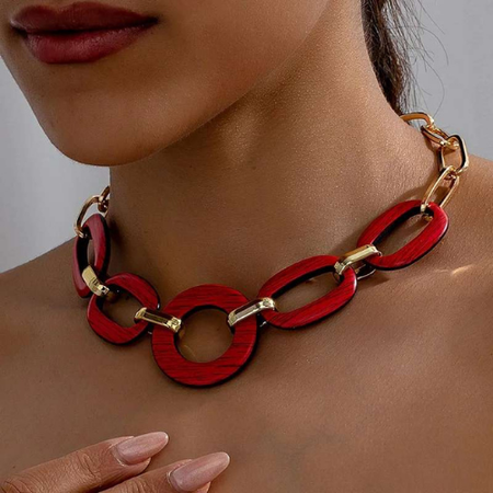 Collier Bois Rouge &amp; Maillons Dorés
