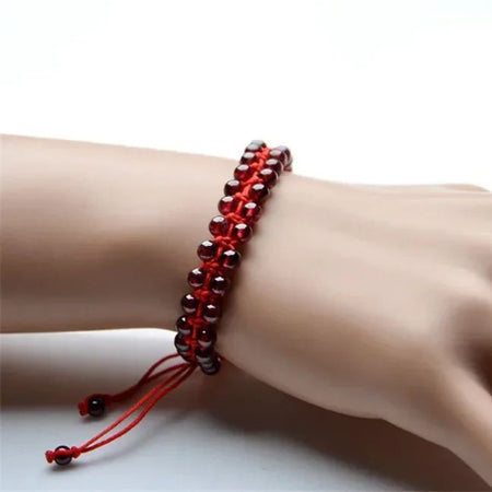 Bracelet en Grenat Rouge Naturel – Perles Ronde & Cordon Tissé